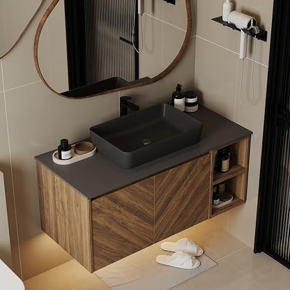 36 Inch Floating Vanity Bathroom with Single Sink, Wall-Mounted Floating Bathroom Cabinet with Sintered Stone Countertop & Black Ceramic Basin, Ample Storage and Open Shelves, Dark Wood