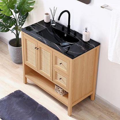 JONATHAN Y VAN1025A Jasper 36 in. W x 18 in. D x 33 in. H Rattan Modern Coastal 2-Shelf Bathroom Vanity Cabinet Only with Soft Closing Doors (Sink Basin Not Included), Oak