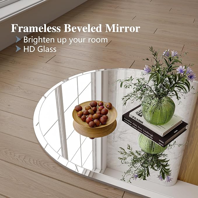 Frameless Bathroom Mirror, 22"x30" Beveled Arched Vanity Mirrors | Frameless, 15mm beveled edge, 5mm HD glass, shatterproof, anti-rust, french cleat, for bathroom/bedroom/entryway