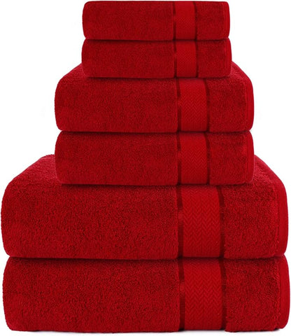 6 Piece 100% Cotton Bath Towel Set -2 Bath -2 Hand -2 Face, Red | 100% Cotton • Thick & Plush • Hotel Quality • Ultra Soft • Highly Absorbent • Quick Dry • Low Lint • Machine Washable