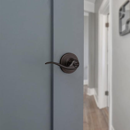 Kwikset Tustin Interior Privacy Door Handle with Lock, Door Lever for Bathroom and Bedroom, Venetian Bronze Reversible Keyless Turn Lock, with Microban Protection (Pack of 4)