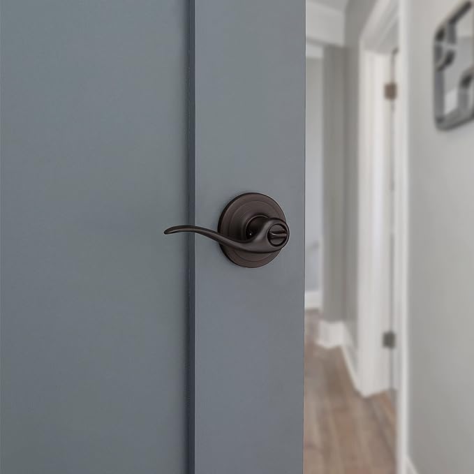 Kwikset Tustin Interior Privacy Door Handle with Lock, Door Lever For Bathroom and Bedroom, Venetian Bronze Reversible Keyless Turn Lock, with Microban Protection