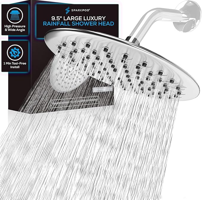 SparkPod 9.5 Inch Large Rain Shower Head - Luxury Rainfall Shower Head - High Pressure Showerhead, Full Body Coverage with Anti-Clog Silicone Nozzles -No Hassle, Easy Install (1/2 NPT, Chrome)