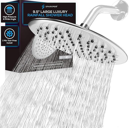 SparkPod 9.5 Inch Large Rain Shower Head - Luxury Rainfall Shower Head - High Pressure Showerhead, Full Body Coverage with Anti-Clog Silicone Nozzles -No Hassle, Easy Install (1/2 NPT, Chrome)