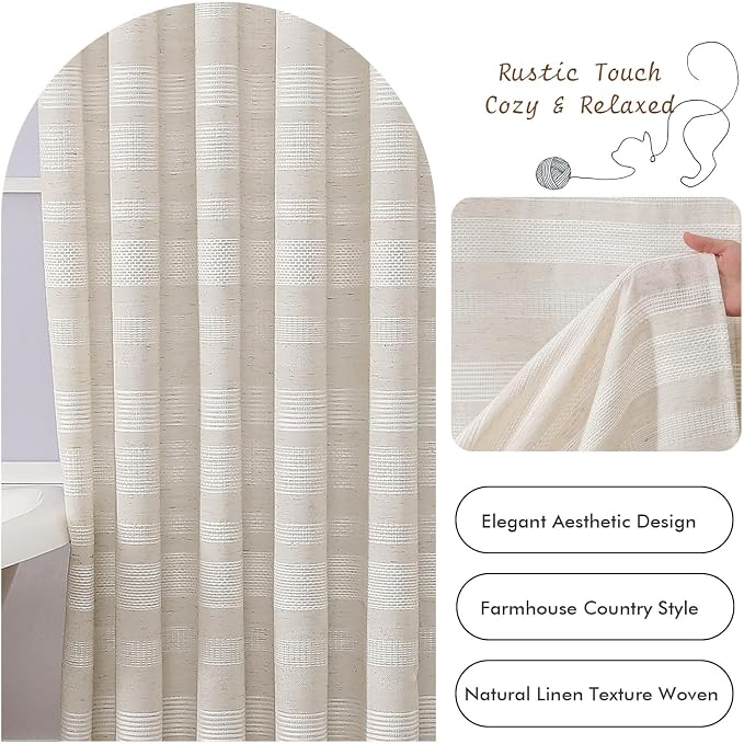 Extra Long Linen Shower Curtain - 84 Inch Long, Modern Farmhouse Heavy Duty Textured Soft Fabric, Rustic Country Boho Cloth Shower Curtain with Tassel for Bathroom Hotel, 72Wx84L Inches