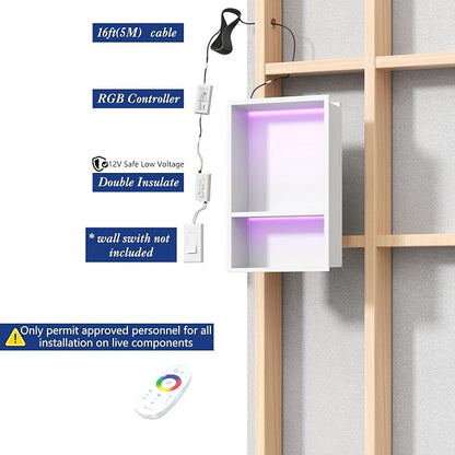 2-Tiers 12x18Inch Shower Niche with RGB LED Light Strips, White Recessed Wall Niche with Light, NO Tile Needed Cabinet Storage Organizer, Stainless Steel Bathroom Storage for Shower Wall