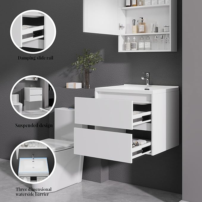 White Floating Bathroom Vanity with Sink, 23x18 Inch Wall Mounted Bathroom Cabinet with 2 Drawers, Modern Single Sink Vanity for Small Bathroom, Space-Saving Storage Cabinet