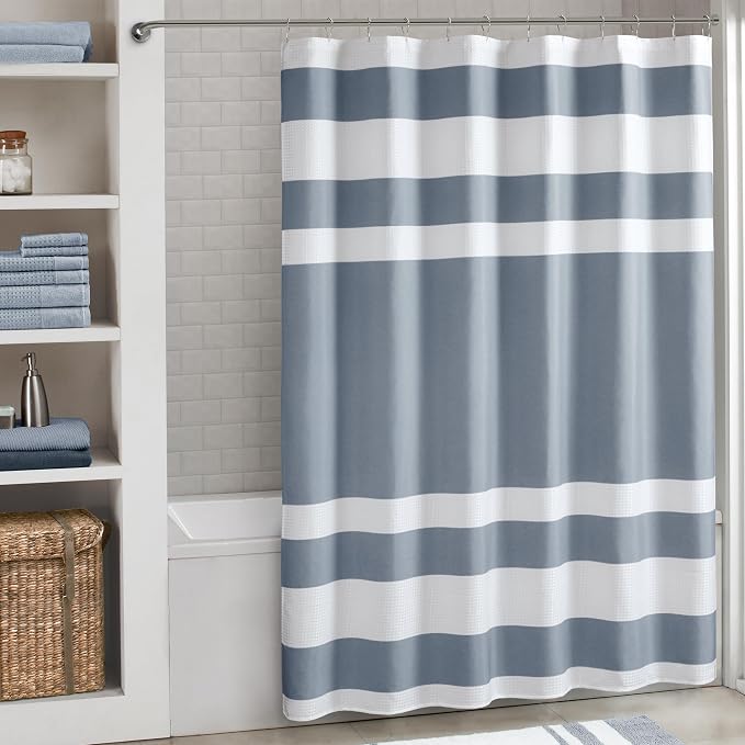 Madison Park Spa Waffle Extra Long Shower Curtain, 72 x 84, Indigo Blue | Striped, Pieced Fabric Design, 3M Scotchgard Moisture Management, Hotel Quality, Modern, for Bathroom, OEKO-TEX Certified