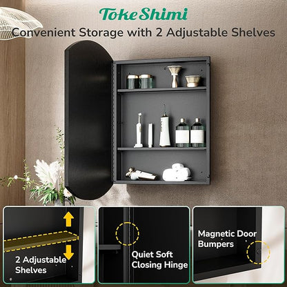 TokeShimi 24x36 Recessed Medicine Cabinet with Mirror Arched, Oval Black Medicine Cabinet with Mirror Beveled with Storage Bathroom Metal Surface Mount Modern