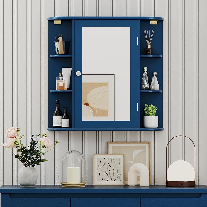 GIANTEX Bathroom Medicine Cabinet (Blue) | Wall Mounted Medicine Cabinet with Mirrored Door & 4 Interior Shelves, 6 Open Shelves, Space-saving Storage Cabinet