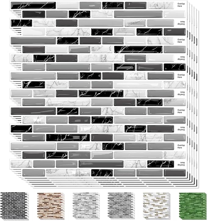 URCOLOR 10-Sheet Peel and Stick Backsplash Tile for Kitchen - 12”×12” Stick on Wall Tile for Bathroom, Black White Grey