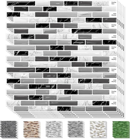 URCOLOR 10-Sheet Peel and Stick Backsplash Tile for Kitchen - 12”×12” Stick on Wall Tile for Bathroom, Black White Grey