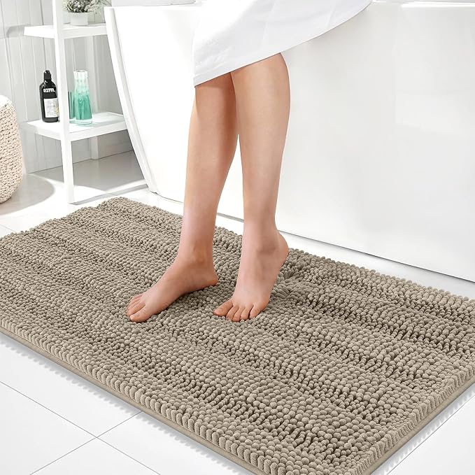 OLANLY Thick Bathroom Runner Rugs 44x24, Chenille Bath Rugs, Warm Taupe | Absorbent Striped, Rubber Backing, Machine Wash, Long Bath Mats for Bathroom Floor, Tub and Shower, Home Decor Accessories