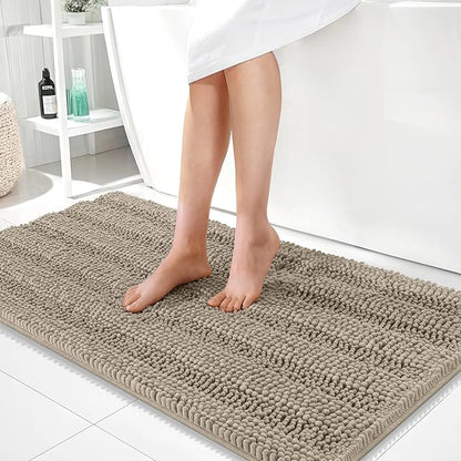 OLANLY Thick Bathroom Runner Rugs 44x24, Chenille Bath Rugs, Warm Taupe | Absorbent Striped, Rubber Backing, Machine Wash, Long Bath Mats for Bathroom Floor, Tub and Shower, Home Decor Accessories