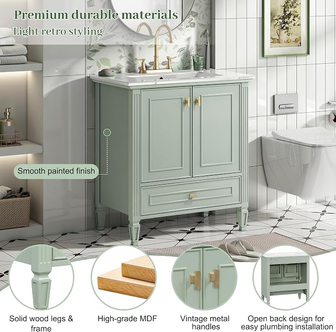 Merax 30 Inch Bathroom Vanities with Undermount Sink, Vanity Cabinet with Door Rack Shelf, Multi-Functional Drawer with Dividers, Soft Closing Doors, Green