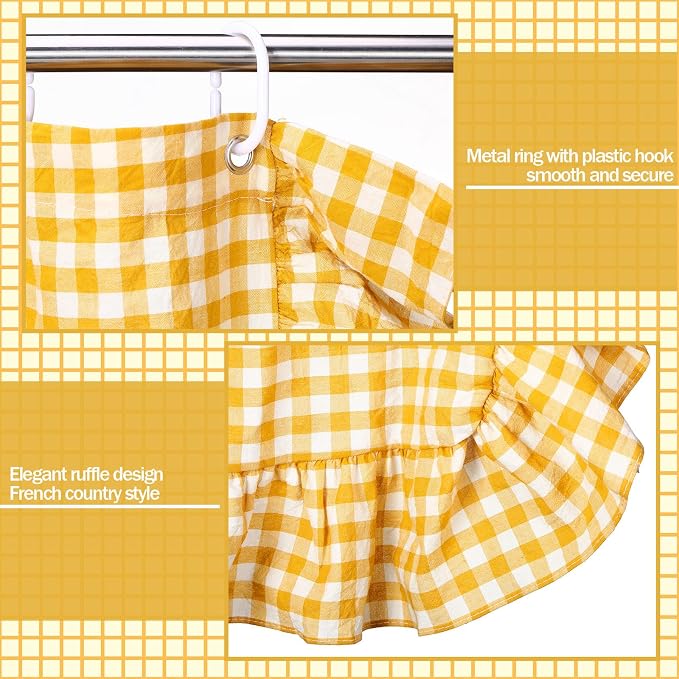 HunnmingRe Ruffled Gingham Shower Curtain Yellow | 72'' x 72'' Vintage Farmhouse Curtain, Cotton Cottage Core Rural Checkered Plaid Decor, Fall Shower Curtain for Bathroom