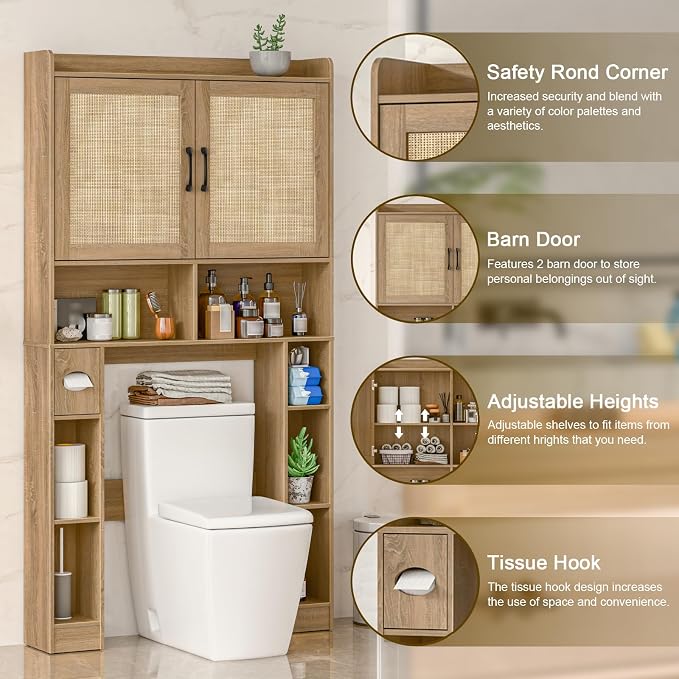 Vabches Over The Toilet Storage Cabinet with Barn Doors, Rattan Oak | Toilet Cabinet Rack, Space Saving Bathroom Organizer with Shelves, Toilet Paper Holder and Towel Rack for Bathroom,Laundry.