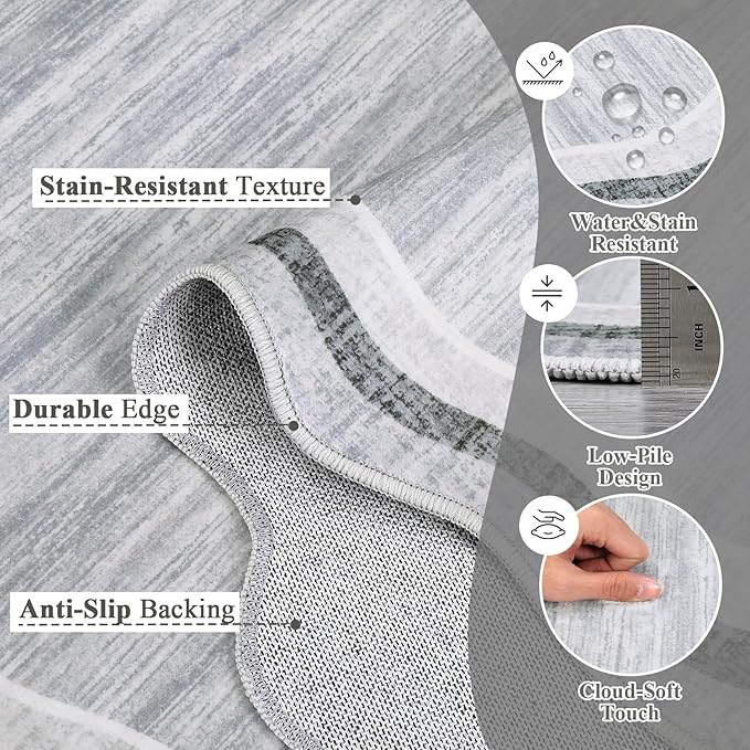 Garvee Grey Scalloped Rugs 5x7 Washable Area Rugs for Bedroom | Scalloped Rug 5x7, Girls Room Rug, Stain Resistant Solid Rugs for Bedroom Kids Room, Scalloped Low Pile Non-Slip Neutral Rugs