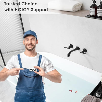 Brass Tub Filler Wall Mount 3 Hole, Farmhouse Black Tub Faucet, High Pressure 2 Handle Matte Black Bathtub Faucet Set with Long Spout Reach, Rough-in Valve