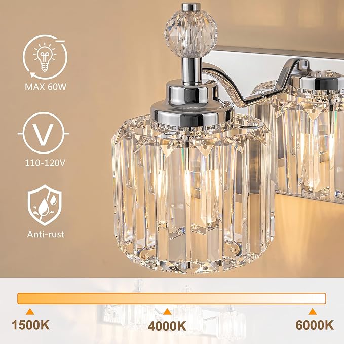 Chrome Light Fixtures, 4 Light Bathroom Vanity Light with 42pcs Crystal Sheet, 30in Modern Vanity Light, Bathroom Lighting Fixtures Over Mirror