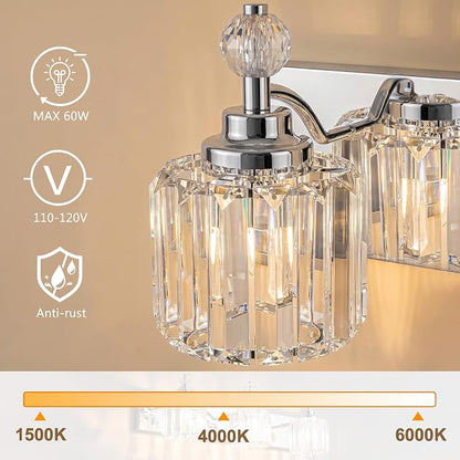 Chrome Light Fixtures, 3 Light Bathroom Vanity Light with 42pcs Crystal Sheet, 22in Modern Vanity Light, Bathroom Lighting Fixtures Over Mirror