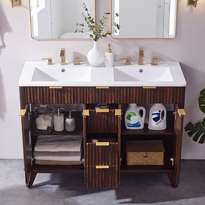 T4TREAM 48" Fluted Bathroom Vanity with Resin Sink Combo，Freestanding Modern Bathroom Storage Vanity Cabinet with Soft Closing Doors & 2 Drawers，Wood Grain Texture，Metal Handle，Dark Walnut