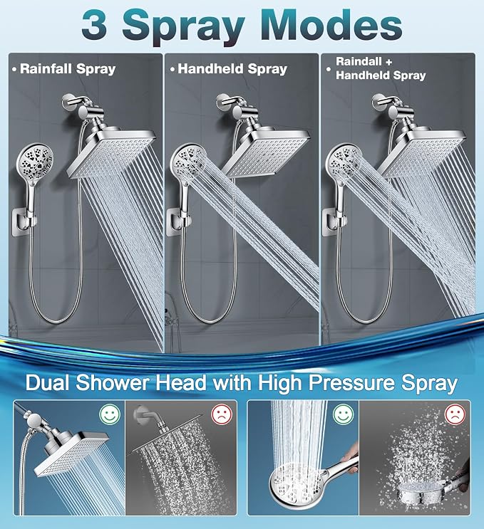 Dual Filtered Rain Shower Head Combo,10 Modes Handheld with 6 inch Rainfall | High Pressure Handheld Shower Head Built in Water Filtration, Filter for Hard Water