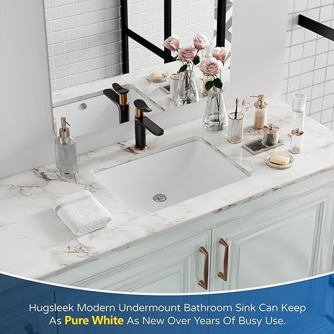 Undermount Bathroom Sink Rectangle, Hugsleek Interior Bowl Size 18 x 13 inch White Porcelain Ceramic Vessel Sink Under Counter Exterior Size 20x15in Rectangular Bath Sink Basin Lavatory Fireclay