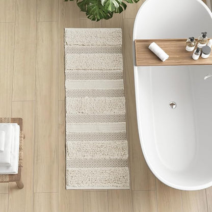INK+IVY Asher Non-Slip Bath Rug Absorbent Quick Dry, 22 x 58, Natural | Soft Pile, Machine Washable, Striped Pattern, Boho, OEKO-TEX Certified, Hand-Woven Texture, for Bathroom, Shower Room