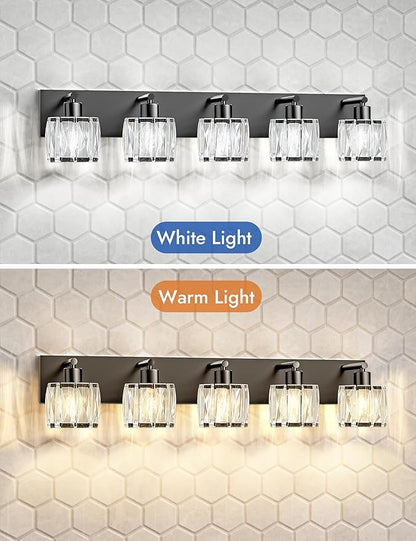 VOLISUN Crystal Vanity Lights for Bathrooms, 5 Light Bathroom Vanity Light, Modern Matte Black Bathroom Light Over Mirror, Black Bathrooms Lights Fixtures-UL Certificated(Exclude Bulb)