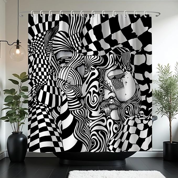 Black White Trippy Abstract Face Shower Curtain Set 72x72 Inches | Trippy Abstract Face Checkerboard Print, Modern Indie Home Guest Housewarming Art Lover Bath Decor, With Fabric Hooks