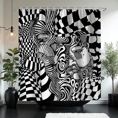 Black White Trippy Abstract Face Shower Curtain Set 72x72 Inches | Trippy Abstract Face Checkerboard Print, Modern Indie Home Guest Housewarming Art Lover Bath Decor, With Fabric Hooks