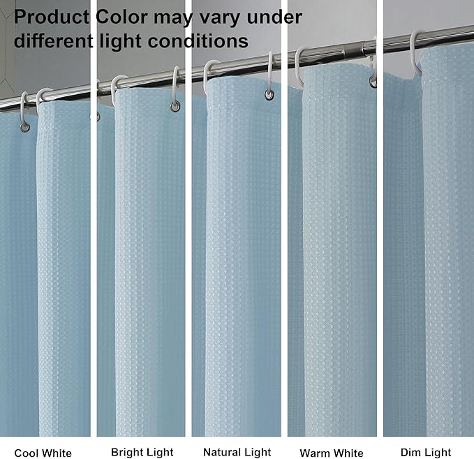 OVZME Long Fabric Shower Curtain Set, Waffle Textured Shower Curtain for Bathroom - Weight 230GSM Heavy Duty Hotel Spa Luxury Bath Curtain Set with 12 Plastic Hooks, 72Wx78L, Glacier Blue