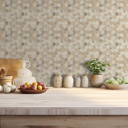 12 Sheets Peel and Stick Backsplash Tile, Hexagon Beige Stone Rock Mixed Brushed Metal Stick on Backsplash, Honeycomb Self Adhesive Mosaic Wall Tiles for Kitchen Bathroom (11.3" x 5.7")