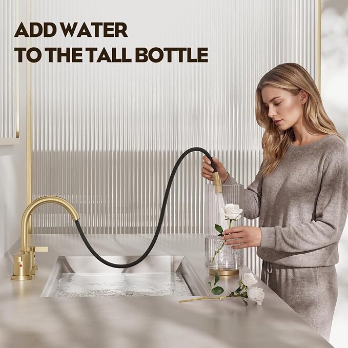 Pull Down Sprayer Brushed Gold 8 Inch Bathroom Sink Faucet, 2 Handles 3 Hole Widespread Pull Out Bathroom Faucet，with Pop Up Drain and Water Supply Line,BF04022-K01-BG