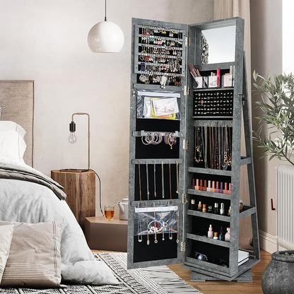 GOFLAME 360° Rotating Jewelry Armoire, Lockable Jewelry Cabinet with Full-Length Mirror & Inner Makeup Mirror, Standing Jewelry Storage Organizer with Rear Storage Shelves, Stone Gray