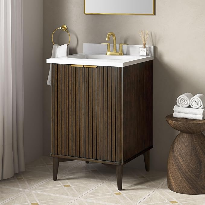 OVE Decors Indy 24 in. Undermount Single Sink Bathroom Vanity with White Engineered Marble Top, Dark Walnut