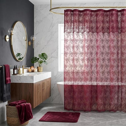 Burgundy Lace Shower Curtain 72x84, 84 Inches Long with Attached Valance | Wine Red Shower Curtain, Magenta Floral Lace Details, Airy Appearance, Vintage Victorian Moody Style forTall Bathrooms