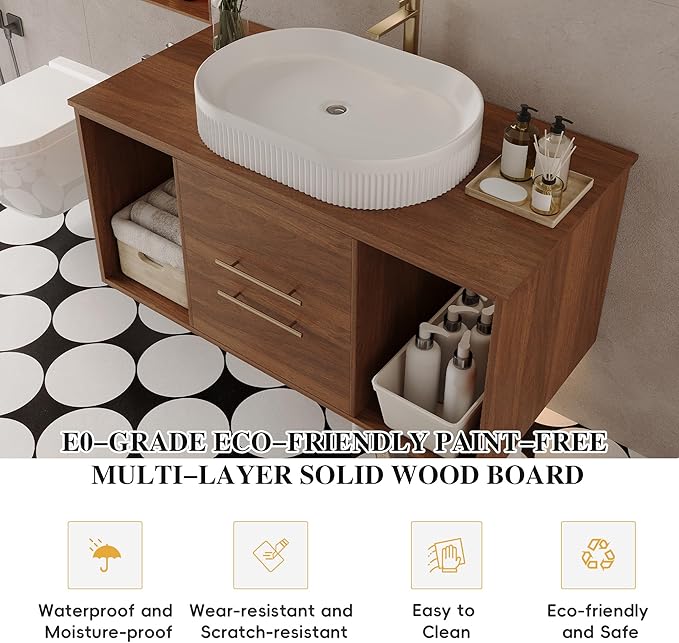 39.4 inch Modern Floating Bathroom Vanity with Sink, Wall Mounted Bathroom Cabinet with Oval Fluted Ceramic Sink, Wood Grain Counter Top, 2 Soft Closing Drawers & Open Storage Shelf, Walnut