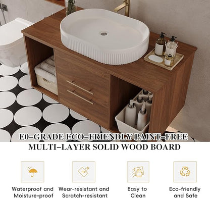 39.4 inch Modern Floating Bathroom Vanity with Sink, Wall Mounted Bathroom Cabinet with Oval Fluted Ceramic Sink, Wood Grain Counter Top, 2 Soft Closing Drawers & Open Storage Shelf, Walnut