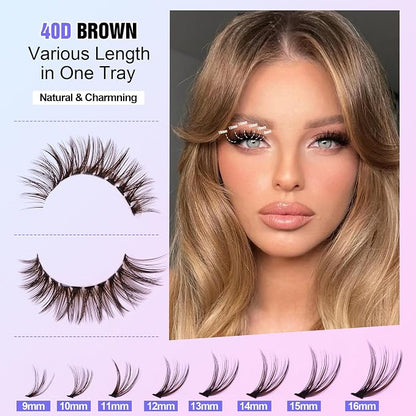 Lash Extension Kit DIY 280pcs Brown Lash Clusters Eyelash Extension Kit 40D 9-16mm Individual Lashes Kit with Lash Bond and Seal Lash Tweezers for Self Use (Brown 40D, 9-16mm, Kit)