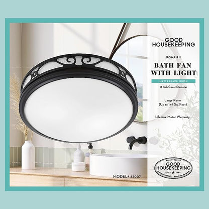 Good Housekeeping (85007) Roman II Decorative 110 CFM 2.0 Sones Bathroom Ventilation Exhaust Fan with Light in Matte Black (LED Bulbs Included)