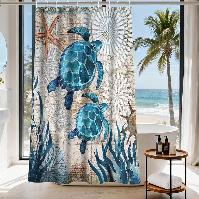 Nautical Beach Ocean Shower Curtain, Cute Tropical Coastal Sea Turtles Shower Curtains for Bathroom, Waterproof Bath Curtain with Hooks Machine Washable Bathtub Curtains 60x72 Inch Blue Teal