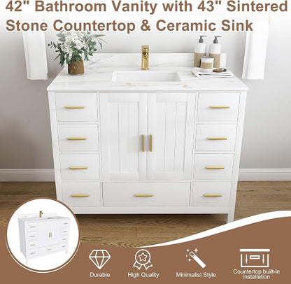 42 Inch Bathroom Vanity with Sink&Countertop,Calacatta Gold Sintered Stone Vanity Top with Sink&Backsplash,White Bathroom Cabinet Set with 2 Doors and 9 Drawer(Single Hole)