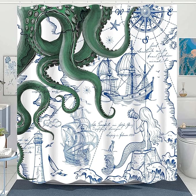 Fungarth Green Nautical Octopus Shower Curtain Navy Blue Mermaid Funny Ocean Kraken Shower Curtains for Bathroom Anchor Coastal Map Waterproof Fabric Bath Curtain Decor with Hooks (Green, 72” x 72”)