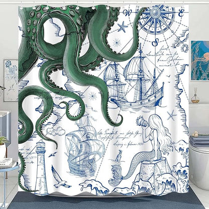 Fungarth Green Nautical Octopus Shower Curtain Navy Blue Mermaid Funny Ocean Kraken Shower Curtains for Bathroom Anchor Coastal Map Waterproof Fabric Bath Curtain Decor with Hooks (Green, 72” x 72”)