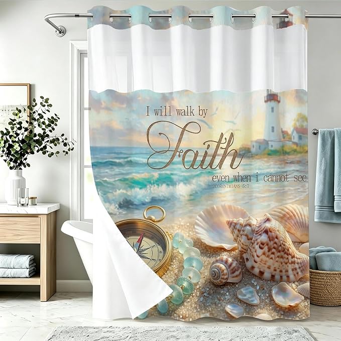 Luxury Ocean Beach No Hook Shower Curtain Nautical Tropical Aesthetic | Seashell No Hook Shower Curtain with Snap in Liner, Waterproof Ringless Shower Curtains for Bathroom 72x74 Inch Colorful