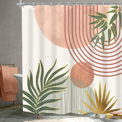 Mid Century Pink Green Boho Abstract Modern Bathroom Shower Curtain Set | 72Wx72L Orange design, waterproof HD print with fast-drying fabric and 12 hooks.