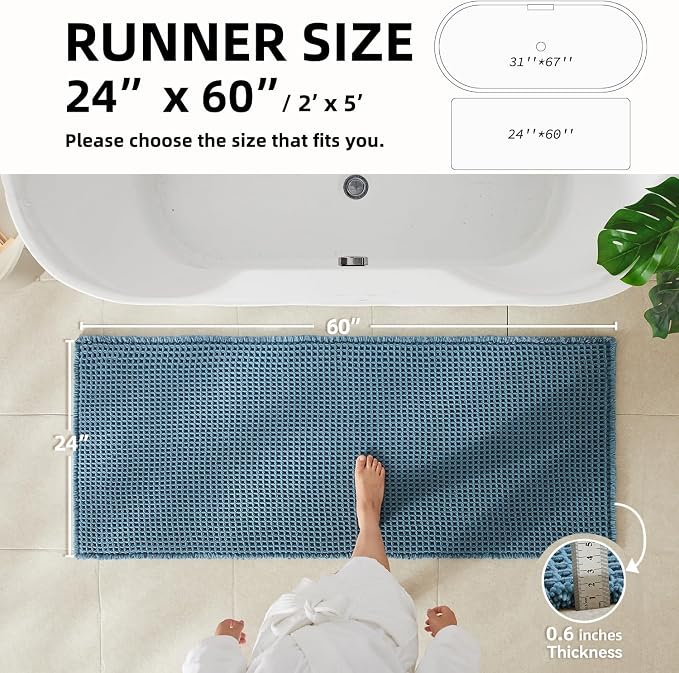 TYUU Waffle Runner Rug Bathroom, Long Boho Bath Mat, 60x24 Denim Blue | Super Absorbent Quick Dry Bath Rug, Non-Slip Backing, Soft Waffle Washable Farmhouse Bathroom Mats, Tub, Shower & Home Decor