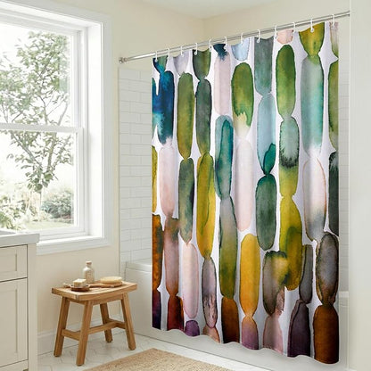 Americanflat 71x74 Oval Pattern Shower Curtain - Water-Resistant Long Shower Curtain with Metal Grommets and 12 Hooks - 100% Polyester - Olive Green, Teal, Yellow, Blush Pink, Plum and Burnt Orange